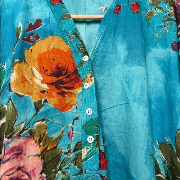 Aqua Bold Floral Split‎ Neck Button Womens Kaftan Aloha Tropical Cover Up OSFA - Picture 10 of 11